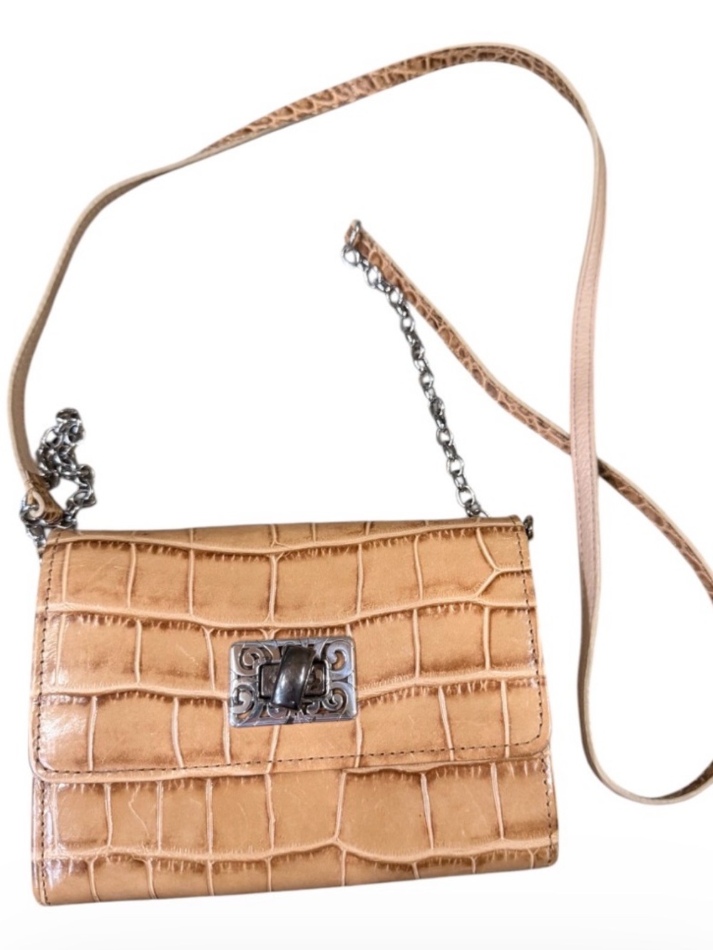 Brighton Tan Croc-Embossed Crossbody Bag /Wallet with Strap  Preowned